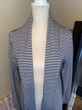 Navy Blue & White Stripe Open Front Cardigan Sweater Sweatshirt 100% Cotton MED